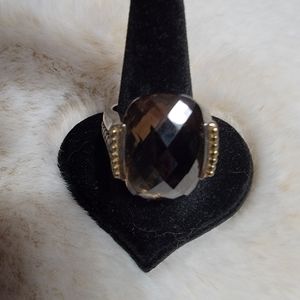 Smoky topaz faceted ring in beaded sterling.  Size 7.